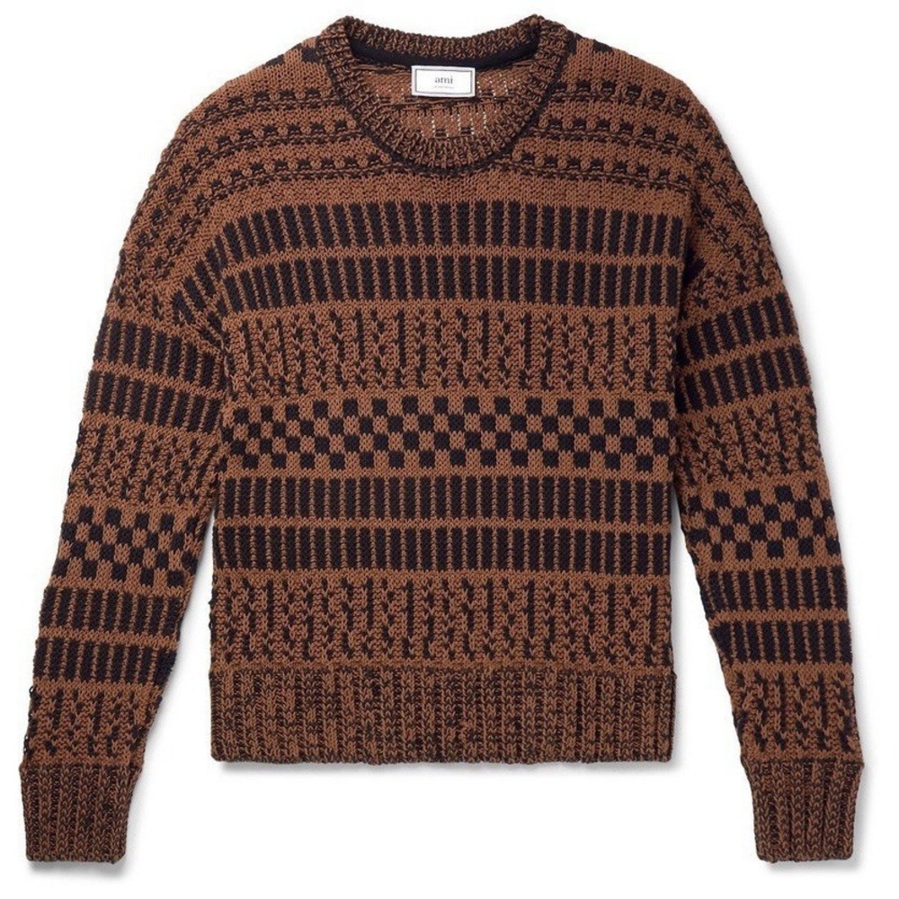 Men's AMI Paris Alexandre Mattiussi Brown Cotton Linen Knit Stripe Sweater‎ Sz L
